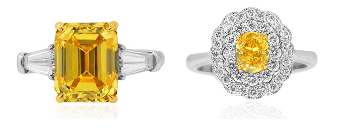 A Zimmi yellow diamond ring and a regular Vivid Yellow diamond ring
